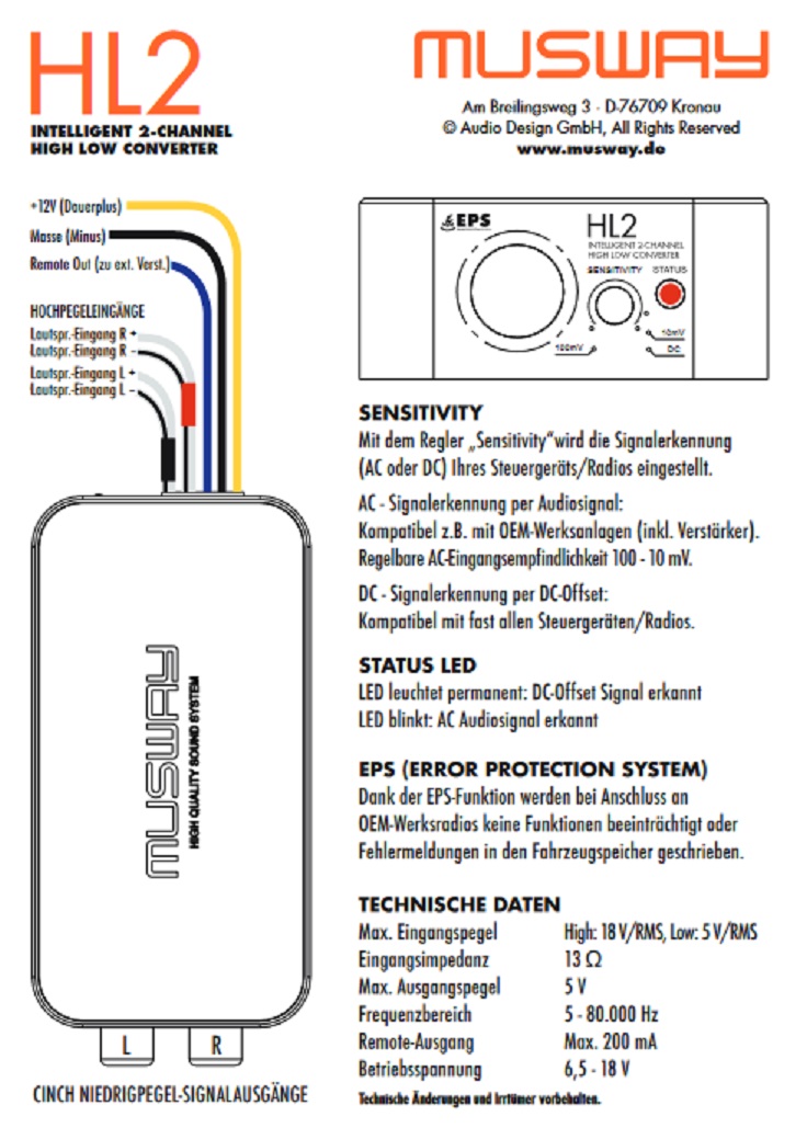 MUSWAY HL2 High Low Converter Einschaltsignal wird generiert (Remote Out) High to Low Adapter